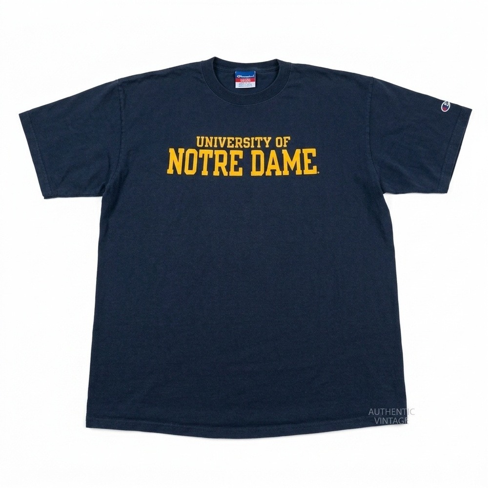 Champion Notre Dame Fighting Irish T Shirt XL Navy Blue Spellout Vintage Style